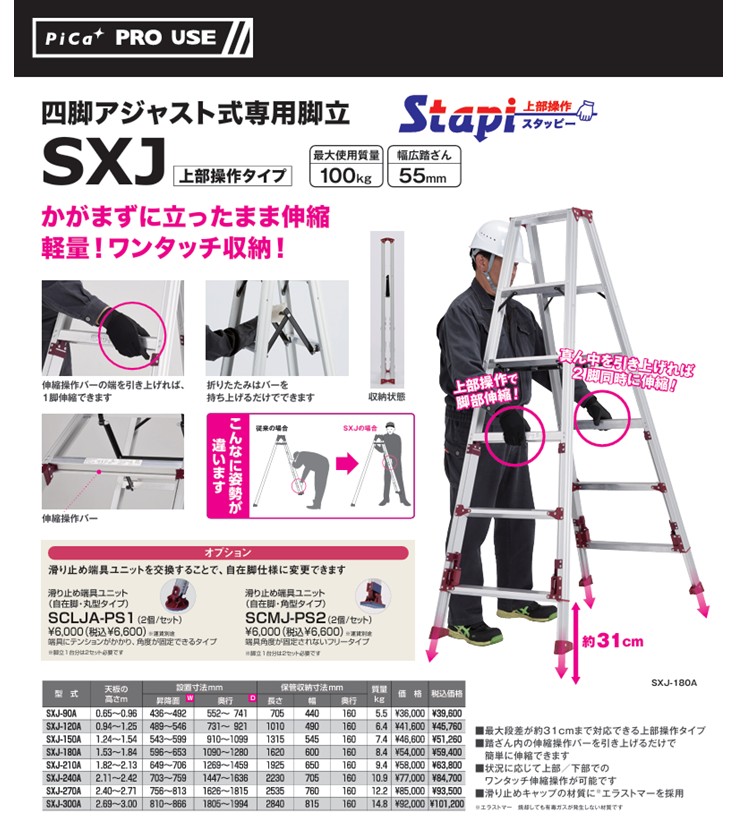 【ＰＤＦ】かがまずに立ったまま伸縮軽量！ワンタッチ収納！四脚アジャスト式専用脚立　スタッピー